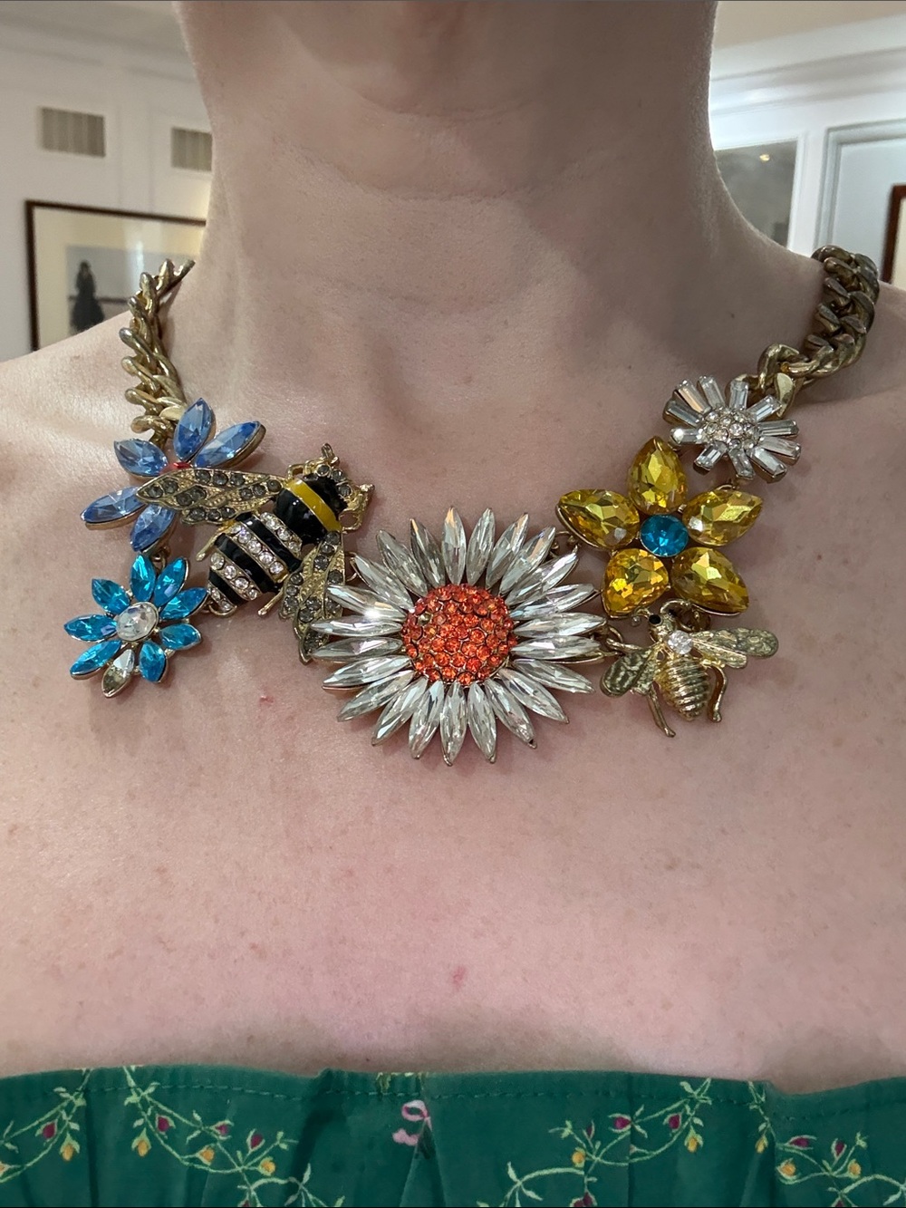 Floral & Bee Statement Necklace in Gold with Multicolor Crystal Flowers
